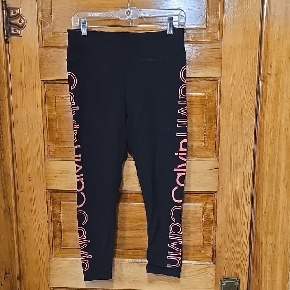 Calvin Klein Black Performance Leggings with Pink Logo L